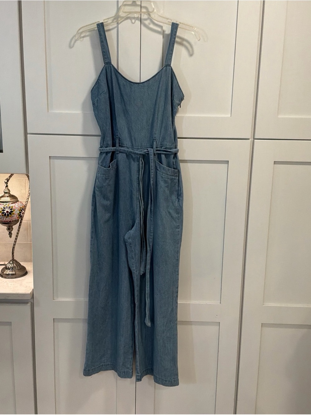 American Original Rewash Medium Women’s Denim Chambray Jumpsuit Blue Zipper